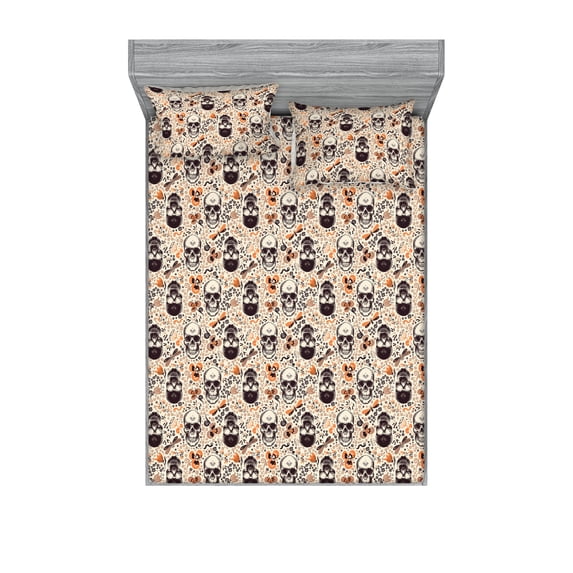 Nature Fitted Sheet & Pillow Sham Set, Butterfly Flora and Skull Pattern With Ornaments Continuous on Plain Back, Decorative Printed 3 Piece Bedding Decor, Queen, Apricot and Eggshell, by Ambesonne