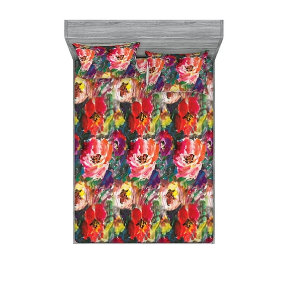 Nature Fitted Sheet & Pillow Sham Set, Colorful Garden of Watercolor Style Blooming Poppies Painting Print, Decorative Printed 3 Piece Bedding Decor, Queen, Dark Coral and Multicolor, by Ambesonne