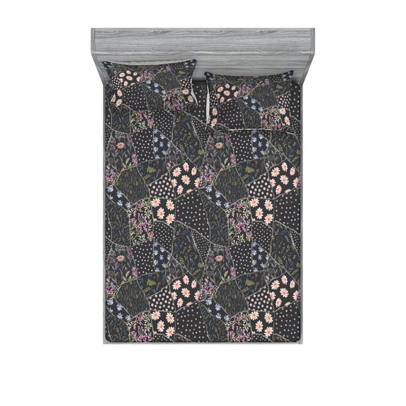 Nature Fitted Sheet & Pillow Sham Set, Colorful Hand-Drawn Flowers and Leaves Minimalist Art on Dark Back, Decorative Printed 3 Piece Bedding Decor, Full, Pale Ruby and Slate Brown, by Ambesonne