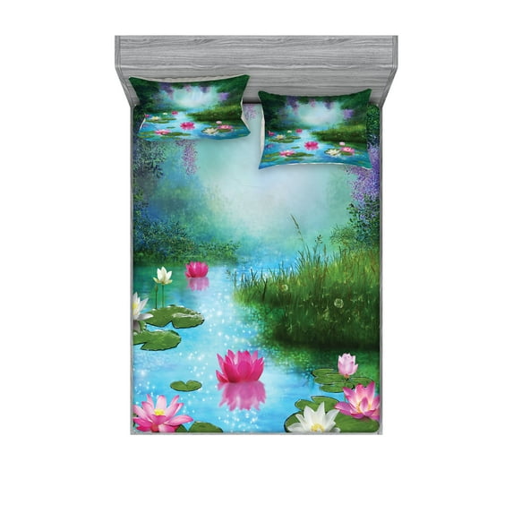 Nature Fitted Sheet & Pillow Sham Set, Fantasy Pond Water Lilies Floating Romantic Lotus Digital Art, Decorative Printed 6 Piece Bedding Decor Set, Queen, Aqua Pink Green, by Ambesonne