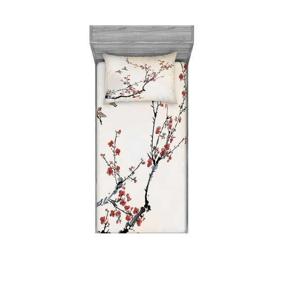 Nature Fitted Sheet & Pillow Sham Set, Flowers Buds and Birds with Cherry Branches Style Art Painting Effect, Decorative Printed 4 Piece Bedding Decor Set, Twin, Pale Maroon Black, by Ambesonne