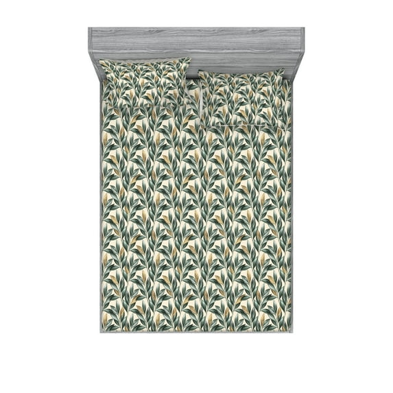 Nature Fitted Sheet & Pillow Sham Set, Garden Art Inspired Leaf Print Modern Botany Pattern on Creamy Back, Decorative Printed 3 Piece Bedding Decor, Calking, Hunter Green Dark Yellow, by Ambesonne