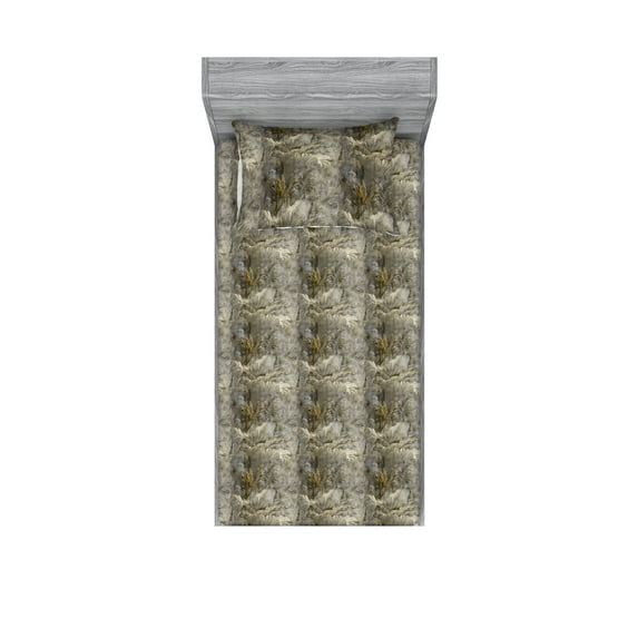 Nature Fitted Sheet & Pillow Sham Set, Garden Vibe Rustic Atmosphere Digital Drawn Floral Illustration Artwork, Decorative Printed 2 Piece Bedding Decor, Twin, Pale Brown and Dimgray, by Ambesonne