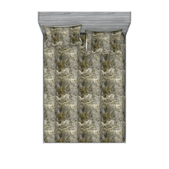 Nature Fitted Sheet & Pillow Sham Set, Garden Vibe Rustic Atmosphere Digital Drawn Floral Illustration Artwork, Decorative Printed 3 Piece Bedding Decor, Queen, Pale Brown and Dimgray, by Ambesonne