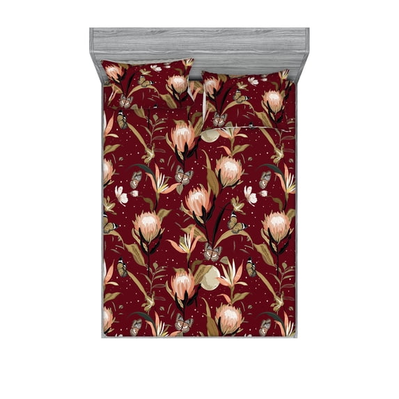 Nature Fitted Sheet & Pillow Sham Set, Jungle Inspired Butterfly and Protea Flower Illustration Print, Decorative Printed 3 Piece Bedding Decor, Full, Pale Camel Maroon and Black, by Ambesonne