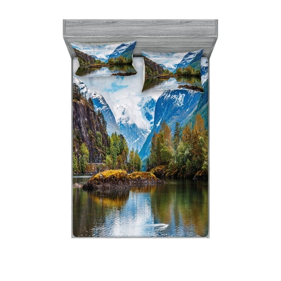 Nature Fitted Sheet & Pillow Sham Set, Norway Mountain Range Snowy Peaks by the Lake Fishing Nordic Northern Landscape, Decorative Printed 6 Piece Bedding Decor Set, Calking, Multicolor, by Ambesonne