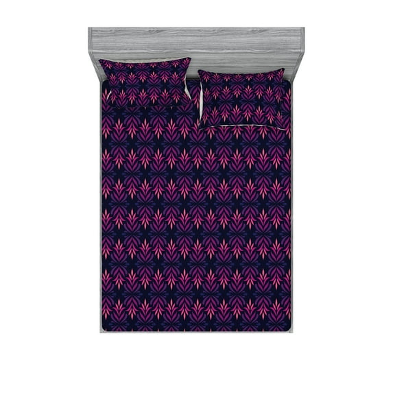 Nature Fitted Sheet & Pillow Sham Set, Repetitive Pattern of Modern Floral Symmetric Leafy of Abstract Motifs, Decorative Printed 3 Piece Bedding Decor, King, Dark Purple Pink Violet, by Ambesonne