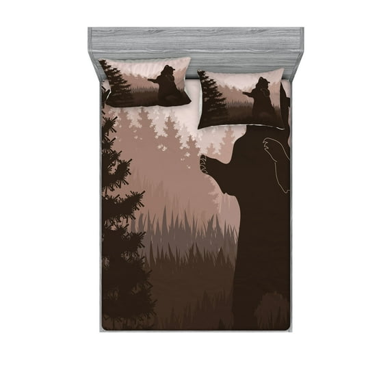 Nature Fitted Sheet & Pillow Sham Set, Silhouette of Wild Bear in the Jungle Woodland at Dark Night Illustration, Decorative 6 Piece Bedding Decor Set, Full, Army Green Pale Peach, by Ambesonne
