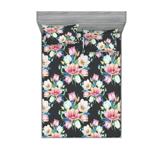 Nature Fitted Sheet & Pillow Sham Set, Spring Flowers with Leaves Repetitive Vintage Watercolor Ornament, Decorative Printed 3 Piece Bedding Decor, Queen, Pale Fuchsia and Lime Green, by Ambesonne