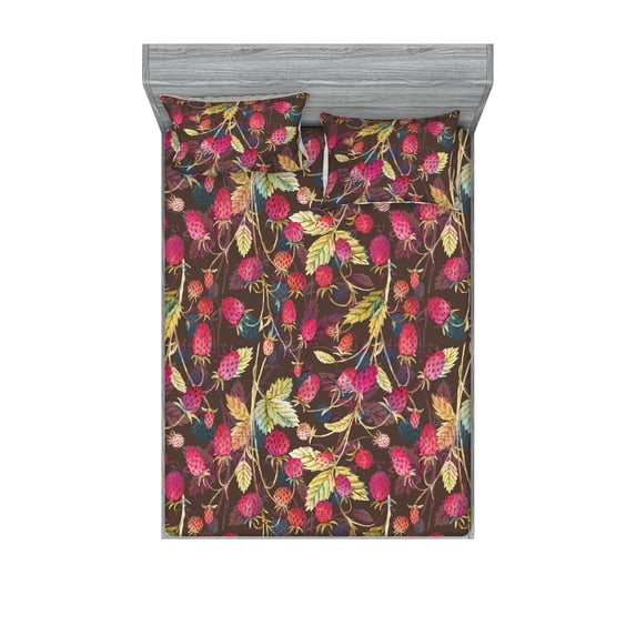 Nature Fitted Sheet & Pillow Sham Set, Summer Concept Continuous Strawberries and Leaves Hand-Drawn Pattern, Decorative Printed 3 Piece Bedding Decor, Full, Hot Pink Khaki and Green, by Ambesonne