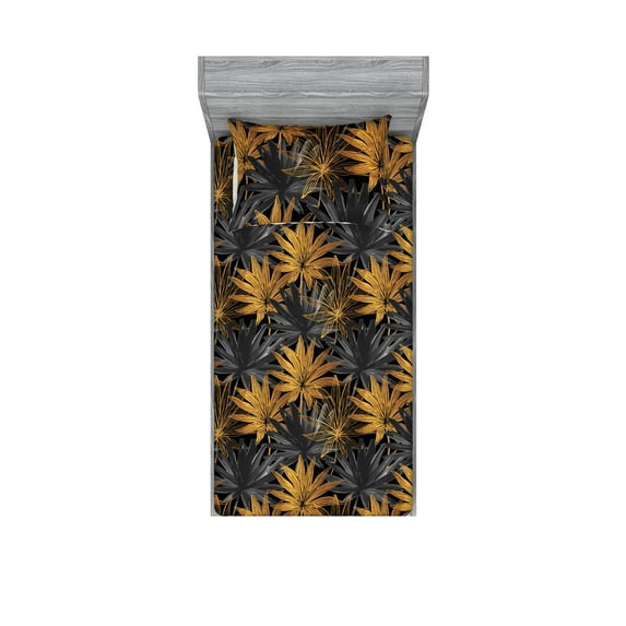 Nature Fitted Sheet & Pillow Sham Set, Tropics Botanical Motif of Exotic Leaf Prints in Watercolor Effect, Decorative Printed 2 Piece Bedding Decor, Twin, Dark Grey and Marigold, by Ambesonne
