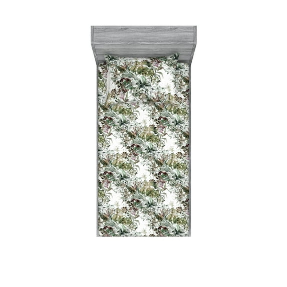 Nature Fitted Sheet & Pillow Sham Set, Vintage Watercolor Botanical Composition with Exotic Leaves and Petals, Decorative Printed 2 Piece Bedding Decor, Twinxl, Khaki and Fern Green, by Ambesonne