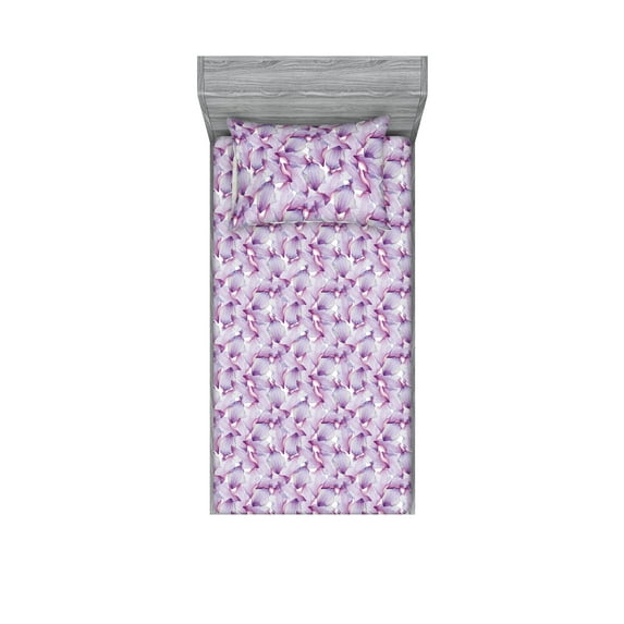 Nature Fitted Sheet & Pillow Sham Set, Watercolor Like Digital Drawn Petal Flower Illustration on Plain Backdrop, Decorative Printed 2 Piece Bedding Decor, Twin, White Pale Lavender, by Ambesonne