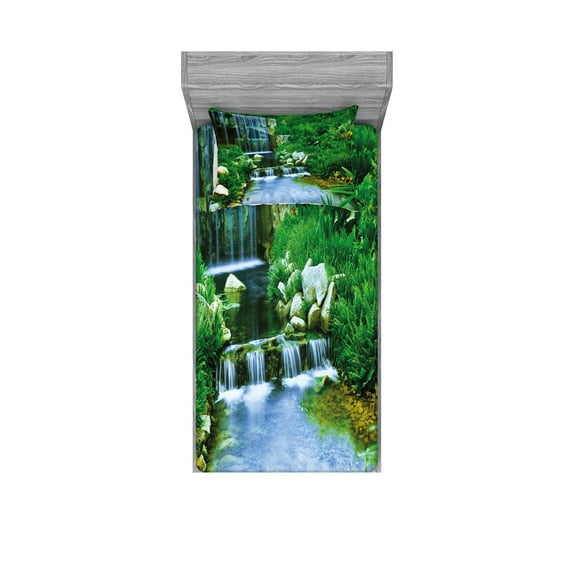 Nature Fitted Sheet & Pillow Sham Set, Waterfall Flowing down the Rocks Foliage Cascade in Forest Valley Image, Decorative Printed 4 Piece Bedding Decor Set, Twinxl, Fern Green Pale Blue, by Ambesonne