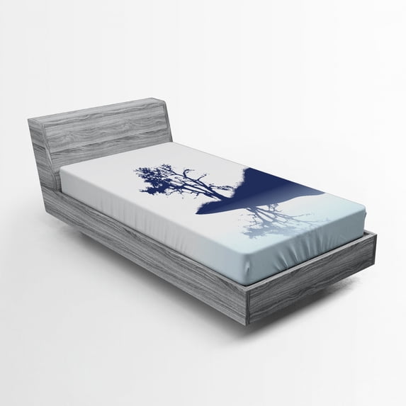 Ambesonne Melancholy Fitted Sheet, Lonely Tree by Lake, Twin XL Size, Pale Blue Indigo