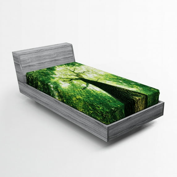 Nature Fitted Sheet Sun Rays to Woodland Wild Habitat Summer Rays Dreamy Foliage Park Landscape Photo Art, Soft Decorative Fabric Bedding, Green, by Ambesonne