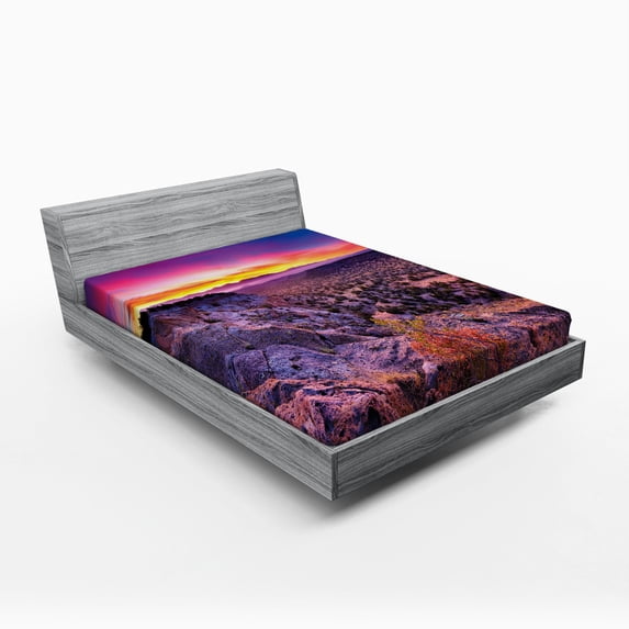 Ambesonne Nature Fitted Sheet, Sunrise Sky Horizon Dusk, Queen Size, Purple Blue