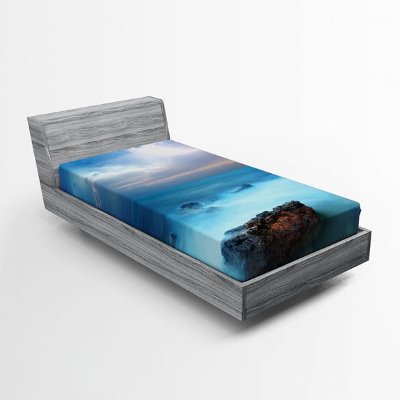 Nature Fitted Sheet, Tropic Sea with Rocks and Storm in the Air Tranquil but Dangerous Epic Scenery, Soft Decorative Fabric Bedding, Twin Size, Turquoise, by Ambesonne
