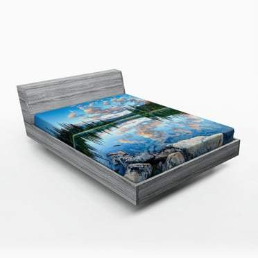 Ambesonne Nature Fitted Sheet, Golden Sunrise Scenery, Full Size, Blue Green