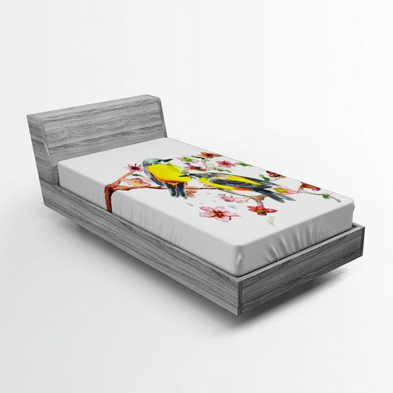 Nature Fitted Sheet, Watercolor Style Effect Drawing of Birds on the Branches and Flowers Print, Soft Decorative Fabric Bedding, Twin XL Size, Brown and Yellow, by Ambesonne