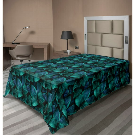 Nature Flat Sheet, Digital Illustrated Realistic Looking Tropical Leaves Sketches Print, Soft Comfortable Top Sheet Decorative Bedding 1 Piece, Twin Size, Violet Blue and Fern Green, by Ambesonne