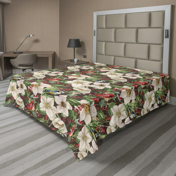 Ambesonne Nature Flat Bedding Sheet Soft Top Sheet, Flowers Berries Birds Print, California King, Dark Coral Reseda Green