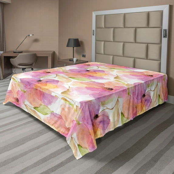 Ambesonne Nature Flat Bedding Sheet Soft Top Sheet, Garden Print Flower Pattern, California King, Pink Peach and Pastel Green