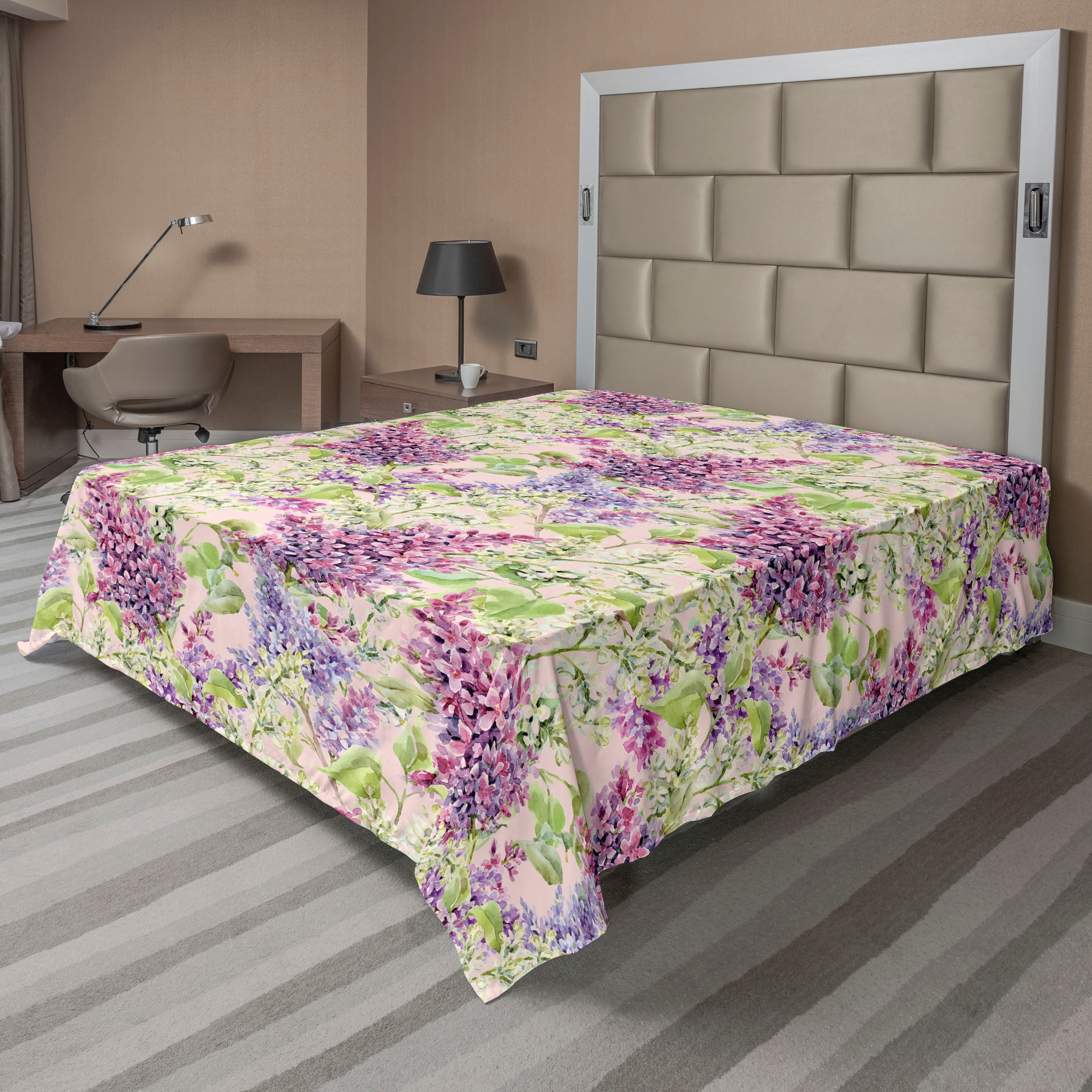 Nature Flat Sheet, Lilac Flowers Leaves Watercolor Floral Art on Plain