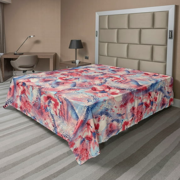 Ambesonne Nature Flat Bedding Sheet Soft Top Sheet, Tropical Flowers Grungy Art, King, Dark Coral and Ceil Blue