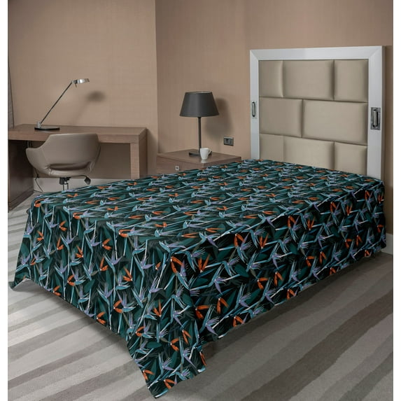 Ambesonne Nature Flat Bedding Sheet Soft Top Sheet, Tropical Botanical Floral, Twin, Marigold Black Fern Green