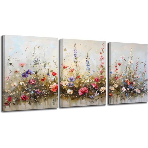 Nature Floral Botanical Wall Art Prints Aesthetic Farmhouse Decor, Misty Flowers Modern Home Decor Paintings, 3 Piece Canvas Wall Art for Living Room Bathroom Bedroom 12"X16"