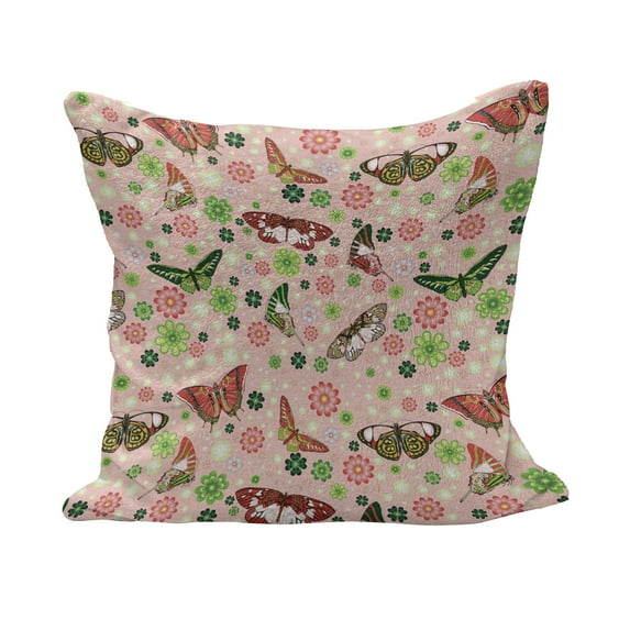 Nature Fluffy Throw Pillow Cushion Cover, Butterflies Flowers Shamrocks Vibrant Botanical Inspirational Print, Decorative Square Accent Pillow Case, 18" x 18", Lime Green Pale Pink, by Ambesonne