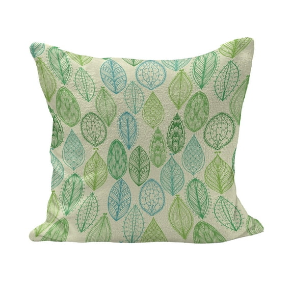 Nature Fluffy Throw Pillow Cushion Cover, Hand Drawn Vintage Style Ornamental Leaves Forest Pattern in Green and Blue Tones, Decorative Square Accent Pillow Case, 18" x 18", Multicolor, by Ambesonne