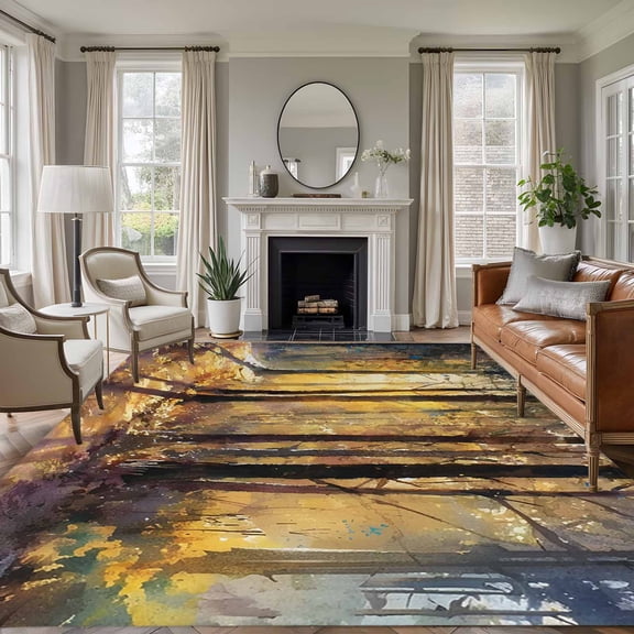 Nature Forest 8'x10' Large Area Rug for Living Room Sectional Sofa, Autumn Woods Falling Leaves Warm Brown Path Washable Non Slip Low Pile Rectangle Area Rug