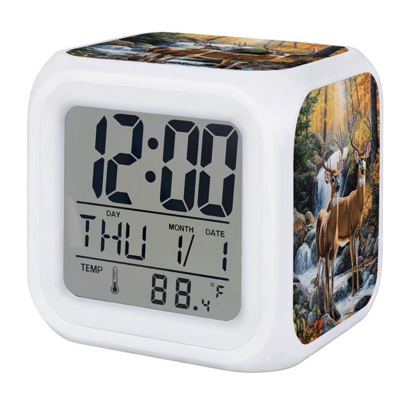 Nature Forest Alarm Clock, Scenery Deer Waterfall Plant Digital Clock Night Light with 7 Color, Calendar Temperature Display, LED Desk Small Clock for Bedrooms Bedside Living Room