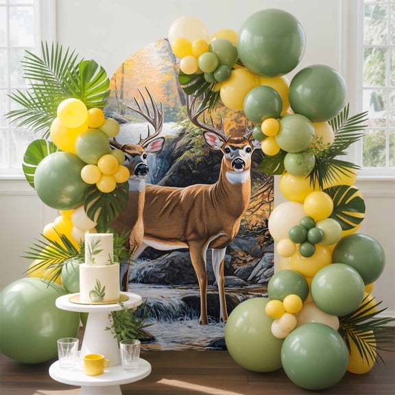 Nature Forest Arch Backdrop Cover, 6FT, Scenery Animal Deer Waterfall Plant Spandex Arch Covers Double-Sided Backdrop for Wedding Birthday Party Photo Background Decoration
