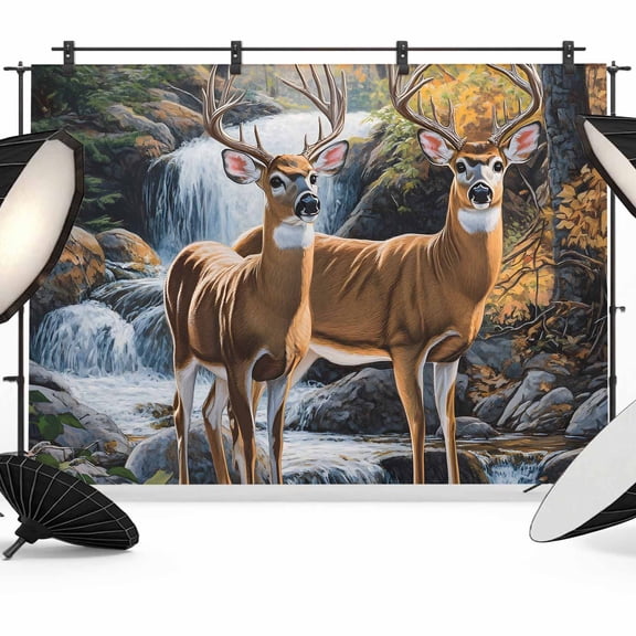 Nature Forest Backdrop for Photography, Scenery Animal Deer Waterfall Plant Photo Backdrop Portrait Background Party Banner Photo Backgrounds for Studio Booth Props, 12x8ft