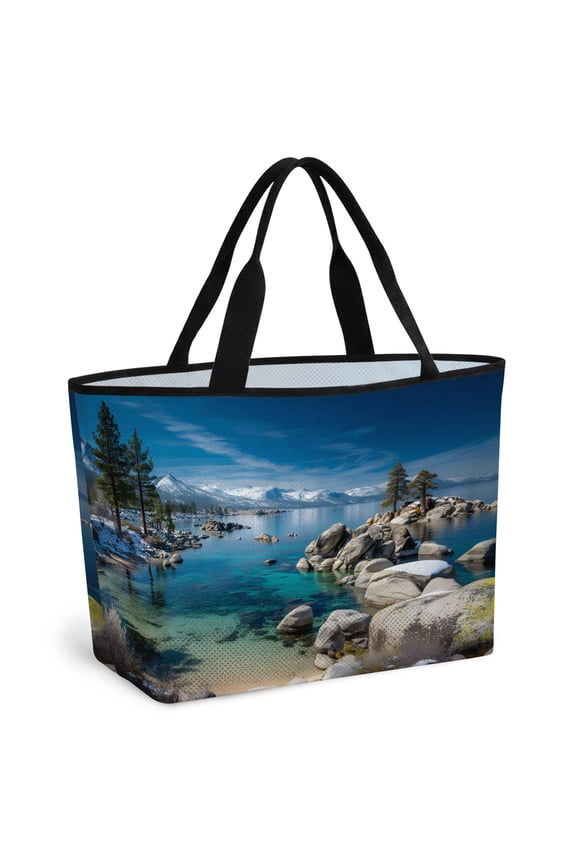 Nature Forest Beach Bag for Women, Large Breathable Mesh Beach Tote Bag, Blue Sky Mountain Stone Lake Landscape Sandproof Lightweight Travel Bags for Vacation Picnic Swimming Pool 15.7"x15.7"x9.1"