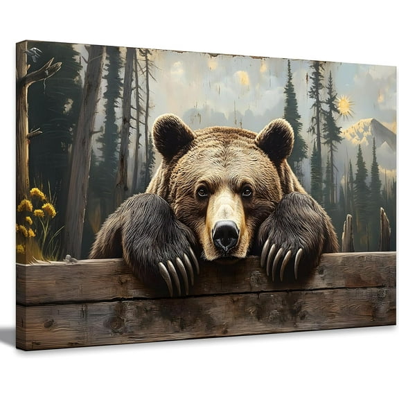 Nature Forest Bear Canvas Wall Art Wild Animals Forest Painting Picture Wall Decor Brown Bear in the Moutain Posters Print Artwork for Bathroom Bedrooms Living Rooms Home Decor