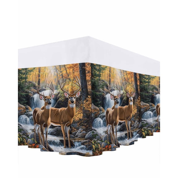 Nature Forest Bed Skirt Scenery Animal Deer Waterfall Plant Bed Skirts Queen Size 16 Inch Drop, Wrap Around Dust Ruffle&nbsp;Bedskirt with Adjustable Elastic Belt for Queen Size Beds