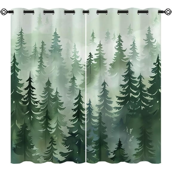 Nature Forest Blackout Curtains Misty Forest Nature Curtains Green Fog Magic Woodland Pine Tree Mountain Window Drapes for Living Room Bedroom
