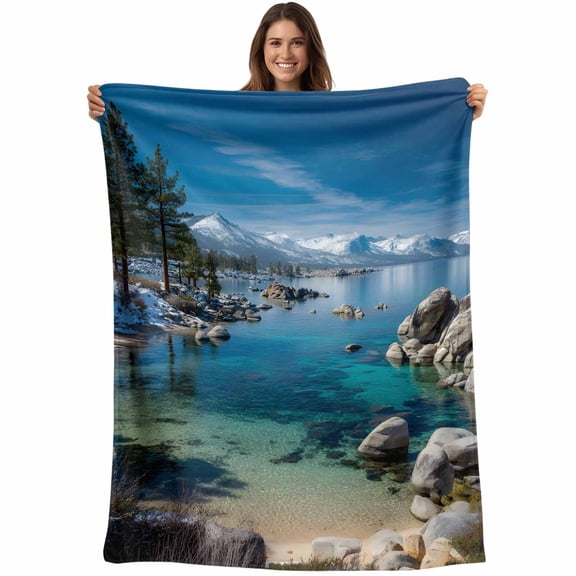 Nature Forest Blanket Soft Cozy Warm Throw Blanket for Couch, Plush Fuzzy Flannel Fleece Blankets for Sofa, Blue Sky Mountain Stone Lake Landscape Bed Blankets Lightweight Gifts for Women, 50"x60"