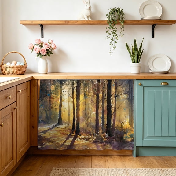 Nature Forest Cabinet Curtains 10" W x 11" L, Autumn Woods Falling Leaves Warm Brown Path Under-Desk Privacy Dust Proof Drape Dishwasher Curtain Sink Skirt for Kitchen Closet Bathroom Laundry