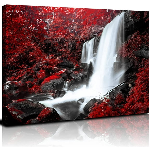 Nature Forest Canvas Wall Art Waterfall Landscape Pictures Red and Black Bedroom Decor Fall Mountains Trees Painting for Living Room Bathroom Tropical Scenic Artwork for Home Decoration