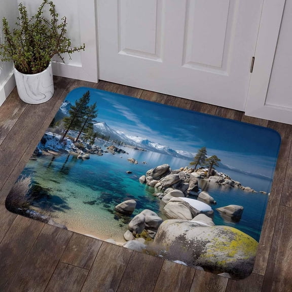 Nature Forest Door Mat 16 x 24 Indoor Outdoor Rug Blue Sky Mountain Lake Landscape Non Slip Heavy Duty Welcome Mat for Front Door Garden Patio