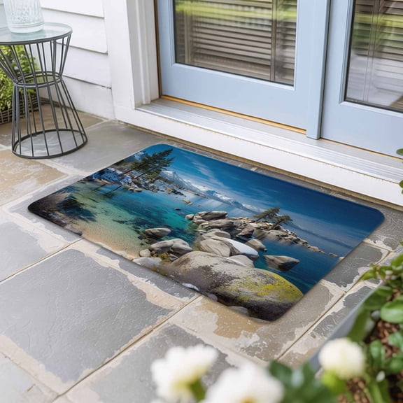 Nature Forest Door Mat Indoor Outdoor, Blue Sky Mountain Stone Lake Landscape Non Slip Welcome Mat with Rubber Backing, Absorbent Fabric Front Door Mats Entryway Rug for Home Patio Entrance 18"x30"