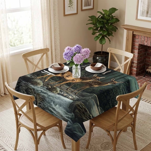 Nature Forest Forest Square Tablecloth 54x54 Inch Animal River Waterproof Polyester Tablecloth for Dining Table, Washable Table Cover for Kitchen Dining Room Wedding Decoration,Stain Resistant