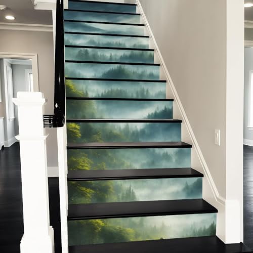Misty Mountain Forest River Village Nature Landscape Peel and Stick Vinyl Stair Riser Decals Staircase Tile Stickers Decor Modern Marble Decoration Self-Adhesive(14 Pcs)$$Tools