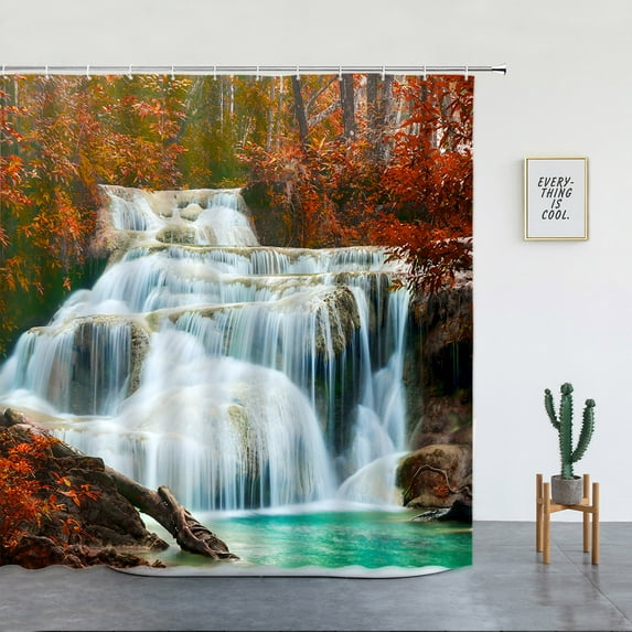 Nature Forest Landscape Shower Curtains Waterfall Plants Trees Spring Rural Scenery Fabric Print Bathroom r Bath Curtain Set
