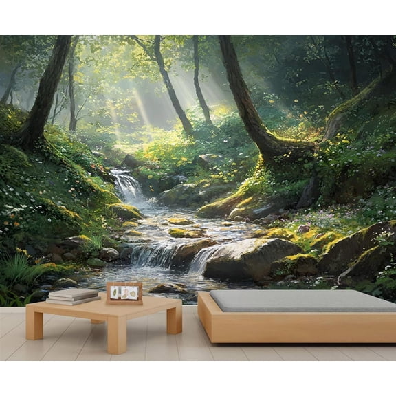 Nature Forest Landscape Wall Murals For Bedroom - Woodland River Murals, Nature Tree Wall Mural For TV Background, Forest Large Mural 118"W x 83"H (Not Peel and Stick)